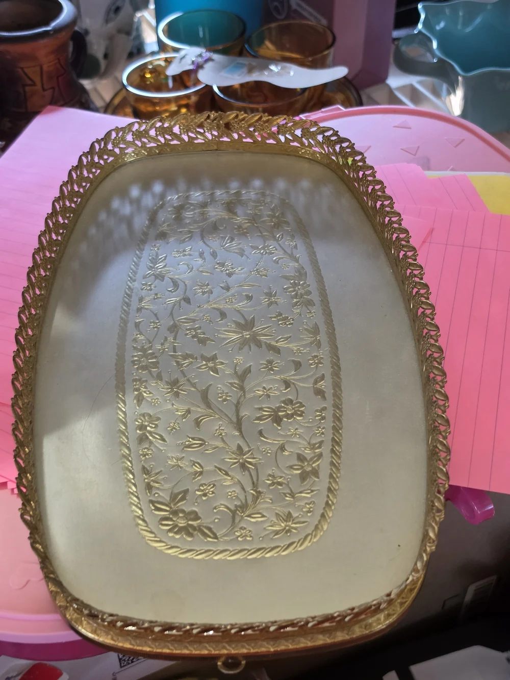 AT-1 Vi Tage Gold And Sliver Decorative Serving Tray - Elegant Floral Pattern